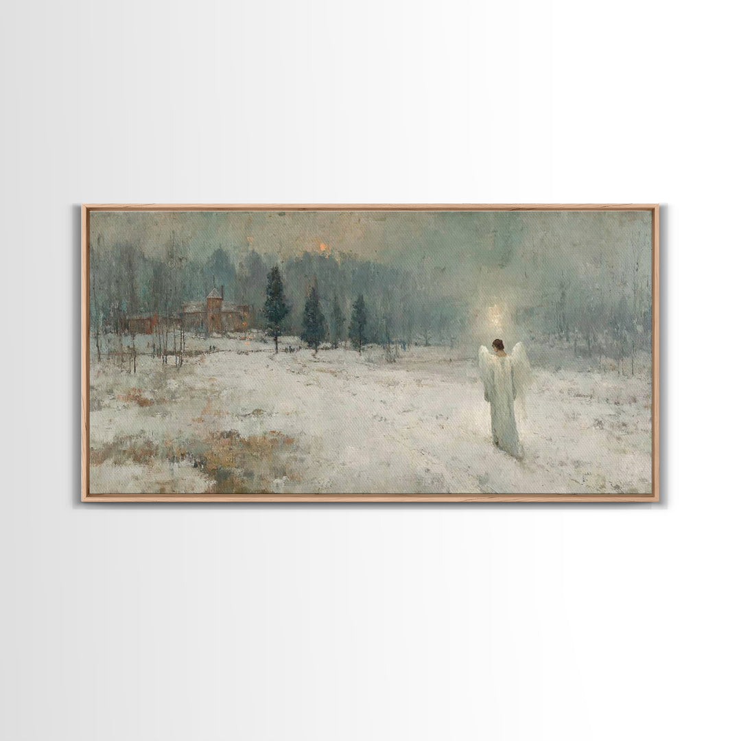 Winter Guardian Light – Framed Canvas Print – Christian Wall Art – Christian Art Canvas – Moody Christmas Art – Christian Christmas Decor –