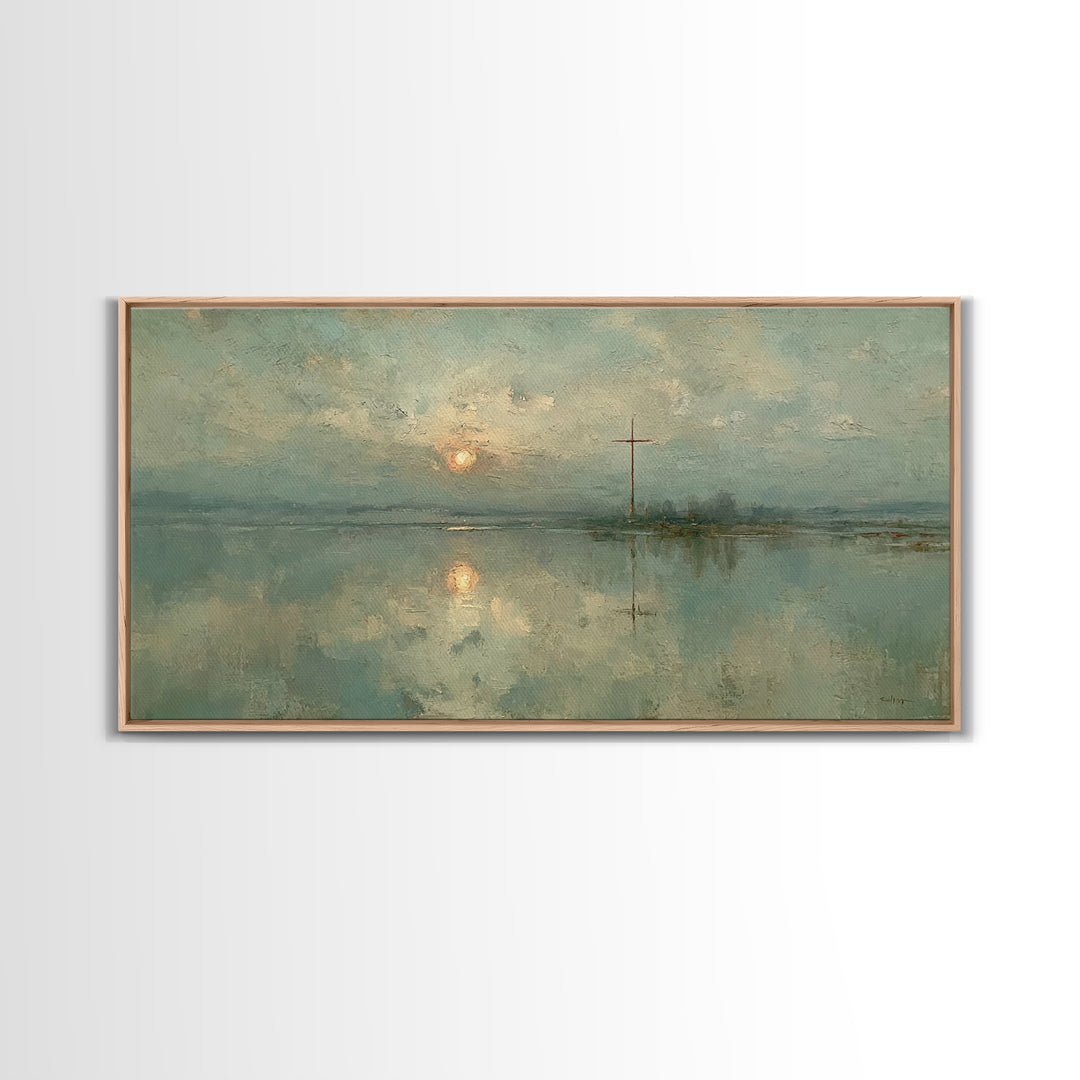 Silent Cross Reflection, Framed Canvas Print, Christian Art Canvas, Moody Christian Art, Christian Wall Art, Christmas Art, Christian Decor