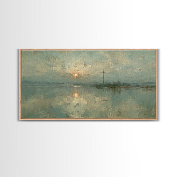 Silent Cross Reflection, Framed Canvas Print, Christian Art Canvas, Moody Christian Art, Christian Wall Art, Christmas Art, Christian Decor