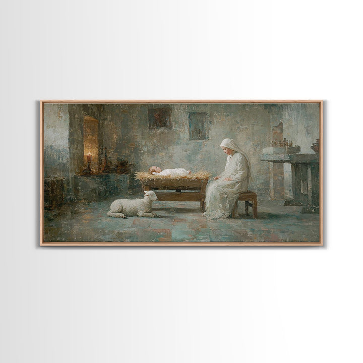 Quiet Manger Peace – Framed Canvas Print – Christian Art Canvas – Christian Wall Art – Christmas Art – Mary And Jesus Painting