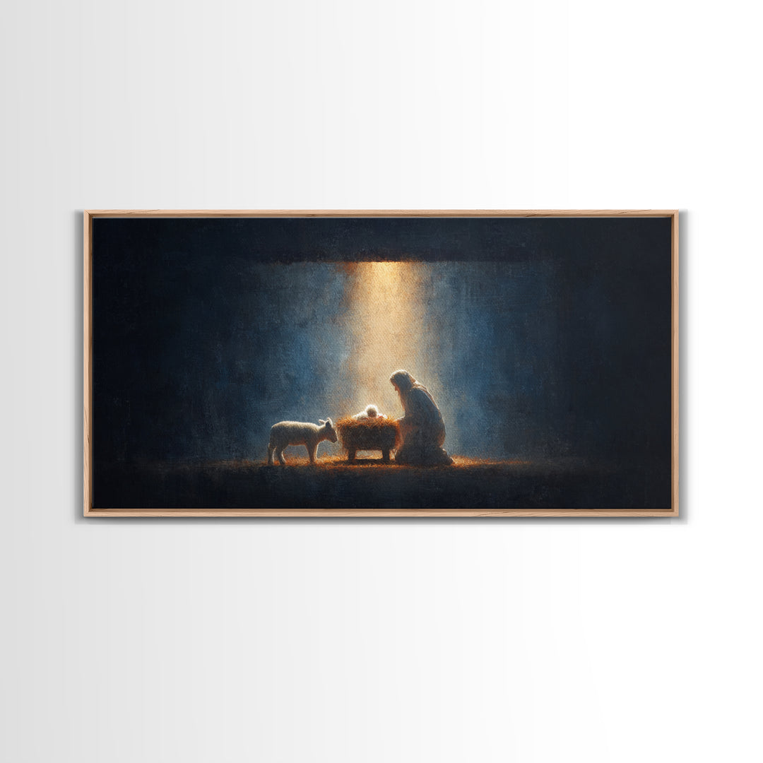 Midnight Manger Glow – Framed Canvas Print – Christian Art Canvas – Christian Wall Art – Jesus Painting – Christmas Art