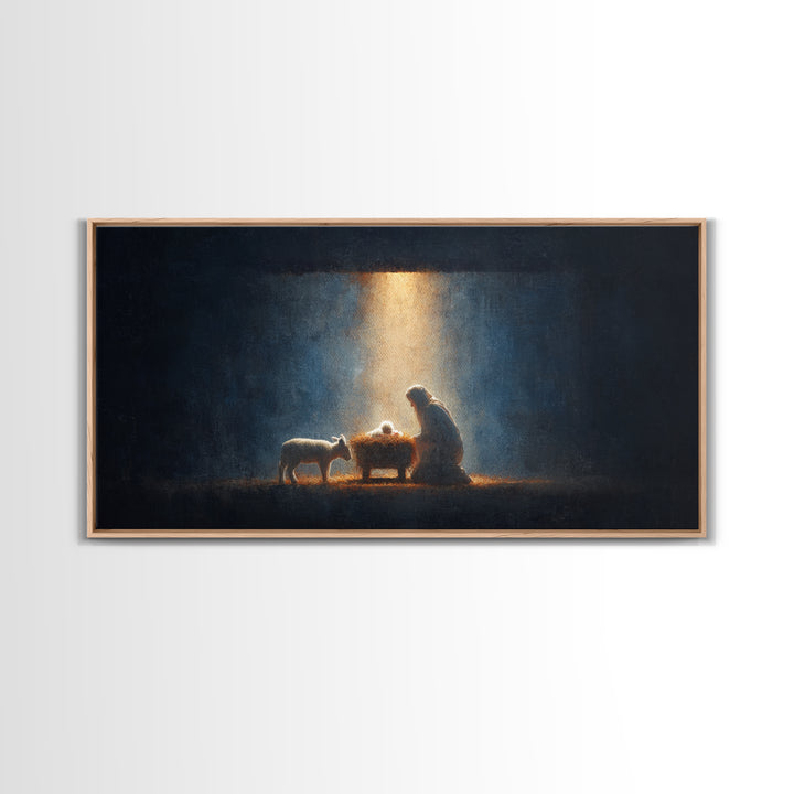 Midnight Manger Glow – Framed Canvas Print – Christian Art Canvas – Christian Wall Art – Jesus Painting – Christmas Art