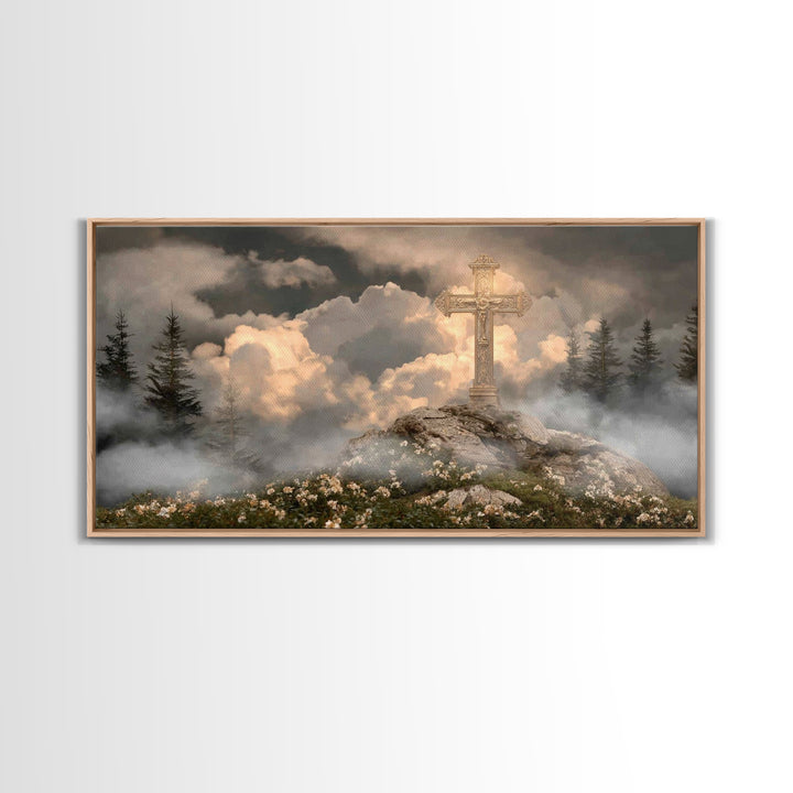 Golden Hill Cross – Framed Canvas Print – Christian Art Canvas – Christian Wall Art – Christian Painting – Large Christian Art