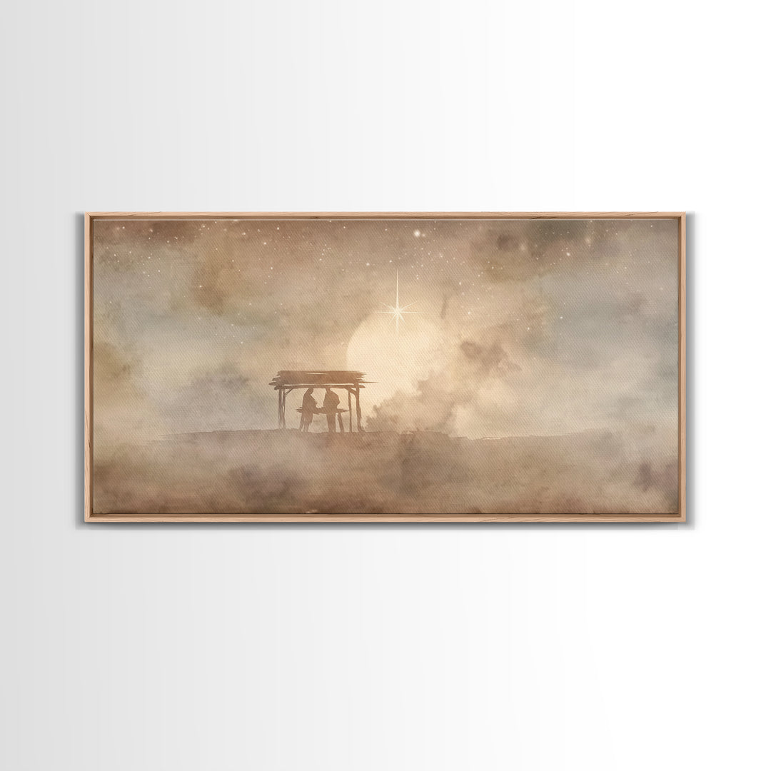 Holy Shelter Night – Framed Canvas Print – Christian Christmas Art – Christian Wall Art – Christmas Art Prints – Jesus Painting – Christian