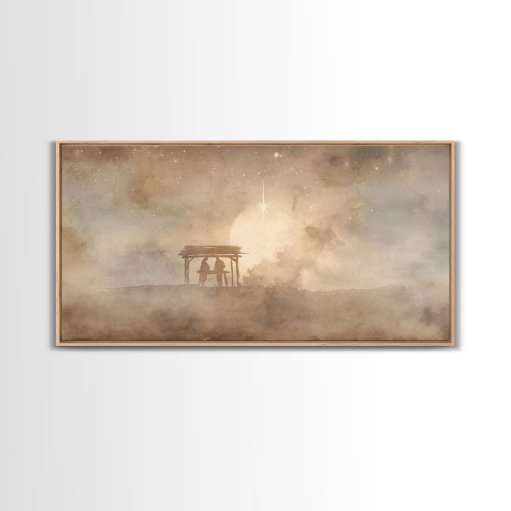 Holy Shelter Night – Framed Canvas Print – Christian Christmas Art – Christian Wall Art – Christmas Art Prints – Jesus Painting – Christian