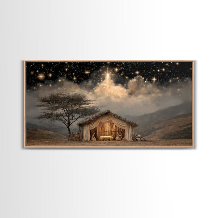 Holy Night Glow, Framed Canvas Print, Christian Christmas Art, Christian Wall Art, Jesus Painting, Christmas Canvas Art
