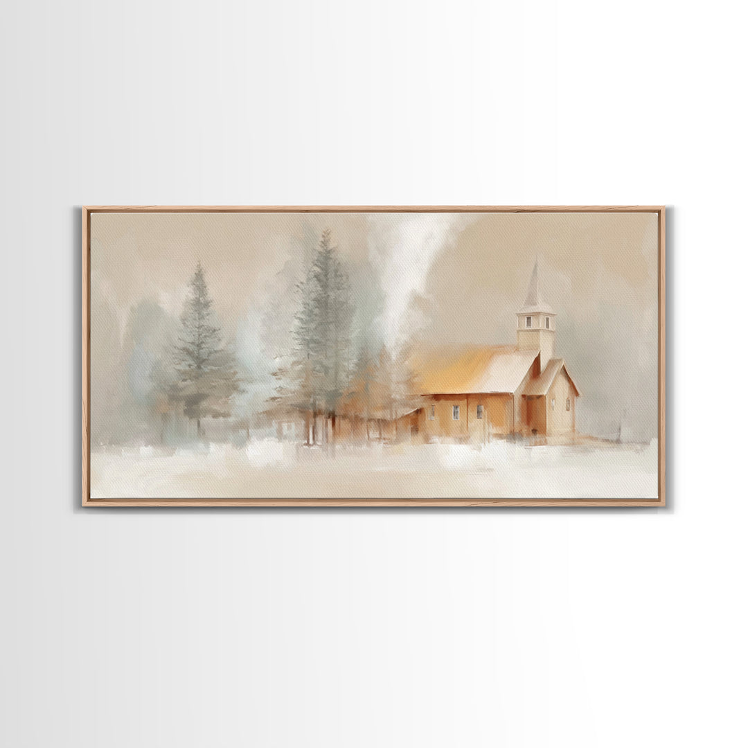Winter Church Light - Framed Canvas Print - Christian Wall Art - Christmas Art - Christian Art Work - Christian Decor