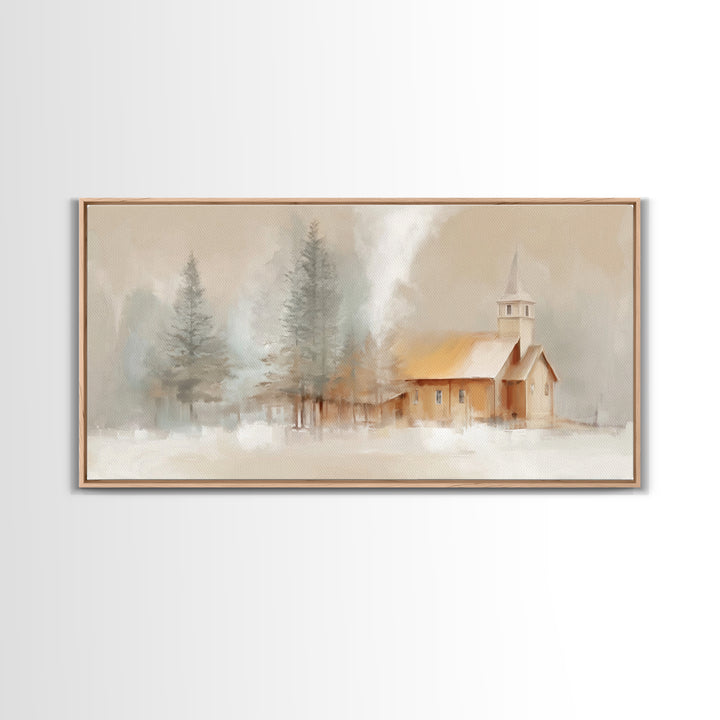 Winter Church Light - Framed Canvas Print - Christian Wall Art - Christmas Art - Christian Art Work - Christian Decor