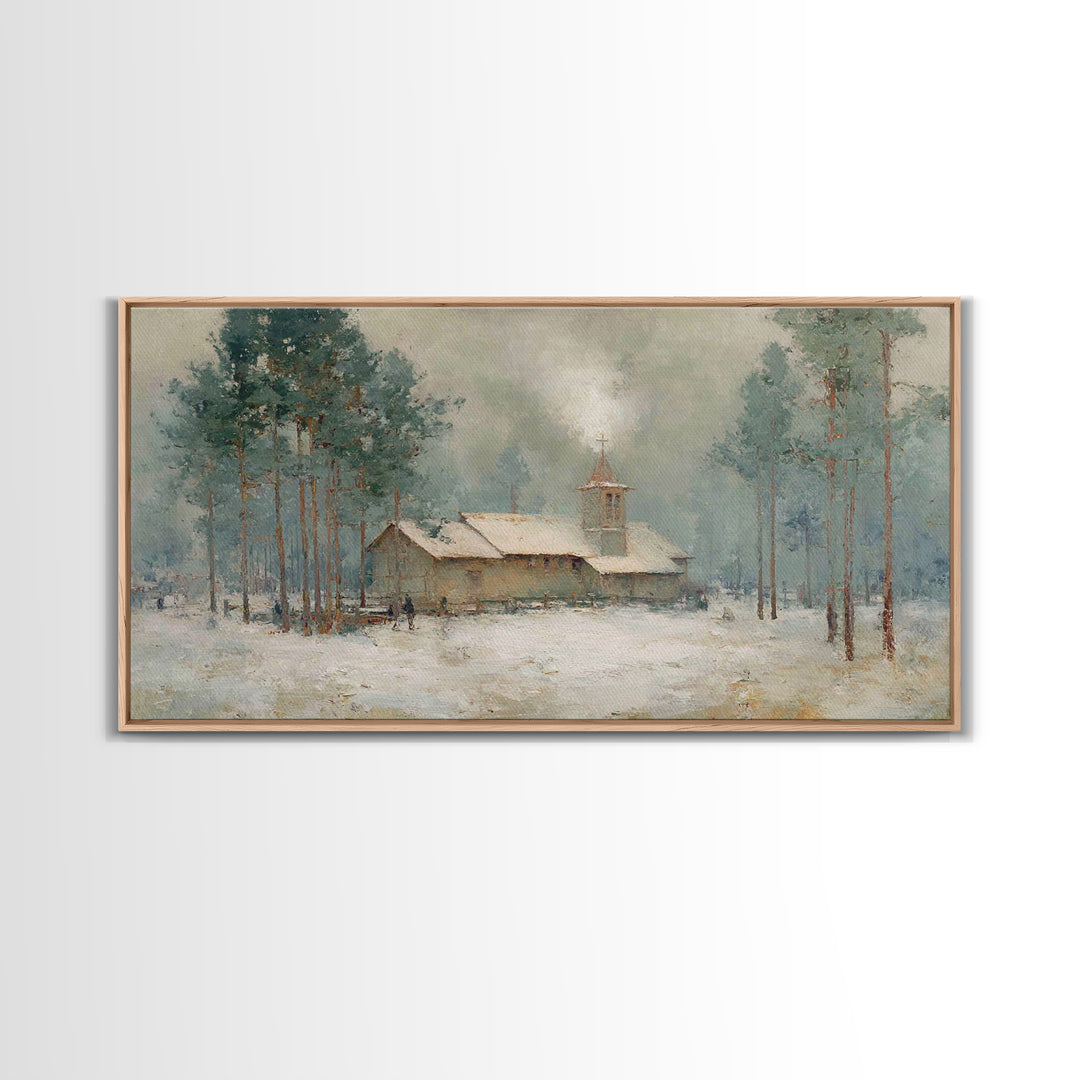 Snowy Pine Chapel | Framed Canvas Print | Christian Wall Art | Christmas Canvas Wall Art | Christian Art Gift | Winter Christian Art