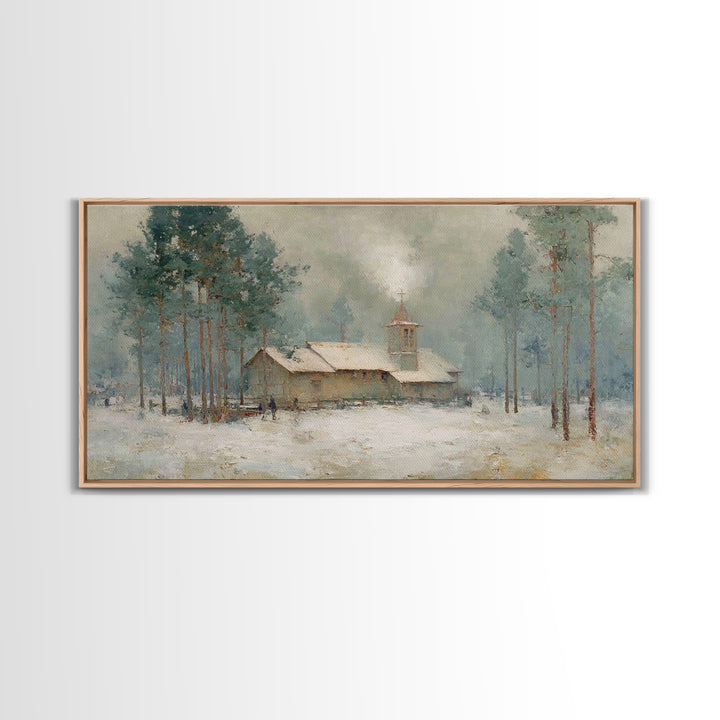 Snowy Pine Chapel | Framed Canvas Print | Christian Wall Art | Christmas Canvas Wall Art | Christian Art Gift | Winter Christian Art