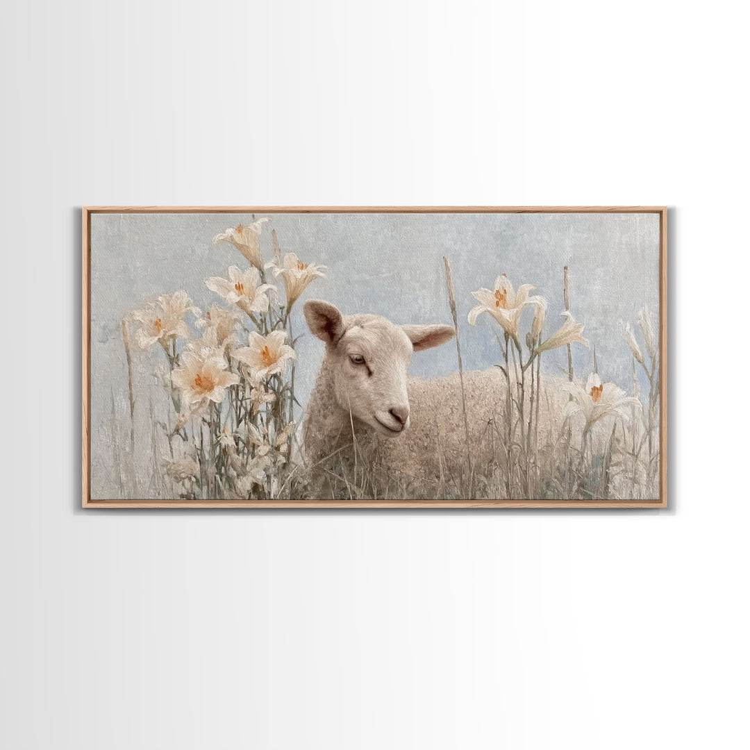 Morning Lily Lamb – Framed Canvas Print – Christian Art Canvas – Christian Art Print – Christian Wall Art – Subtle Christian Art – Christia