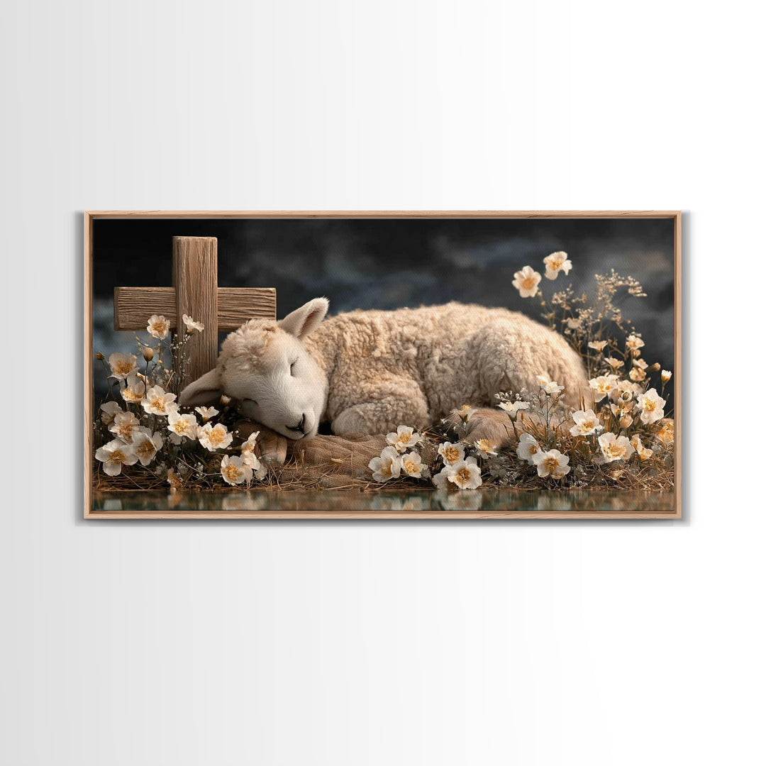 Heavenly Lamb – Framed Canvas Print – Christian Wall Art – Christian Art Canvas – Jesus Painting – Pastoral Scenery – Christian Christmas A