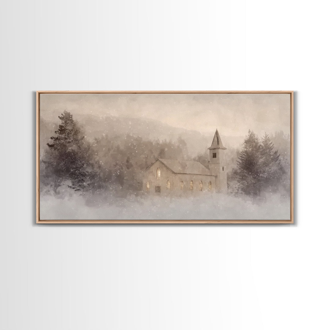 Snowy Chapel – Framed Canvas Print – Christian Christmas Art – Christian Art Canvas – Christmas Wall Art – Christian Paintings – Christian