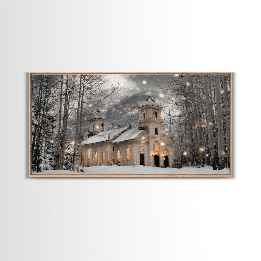 Evergreen Church – Framed Canvas Print – Christmas Wall Art – Christian Art Canvas – Framed Christmas Wall Art – Christian Christmas Art –