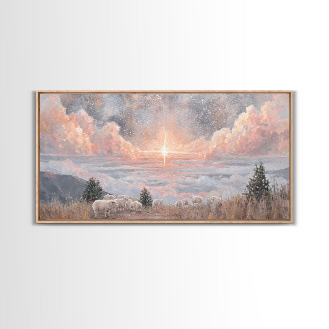 Shepherds’ Field Light – Framed Canvas Print – Christian Christmas Art – Christian Art Canvas – Retro Christmas Art – Christian Decorations