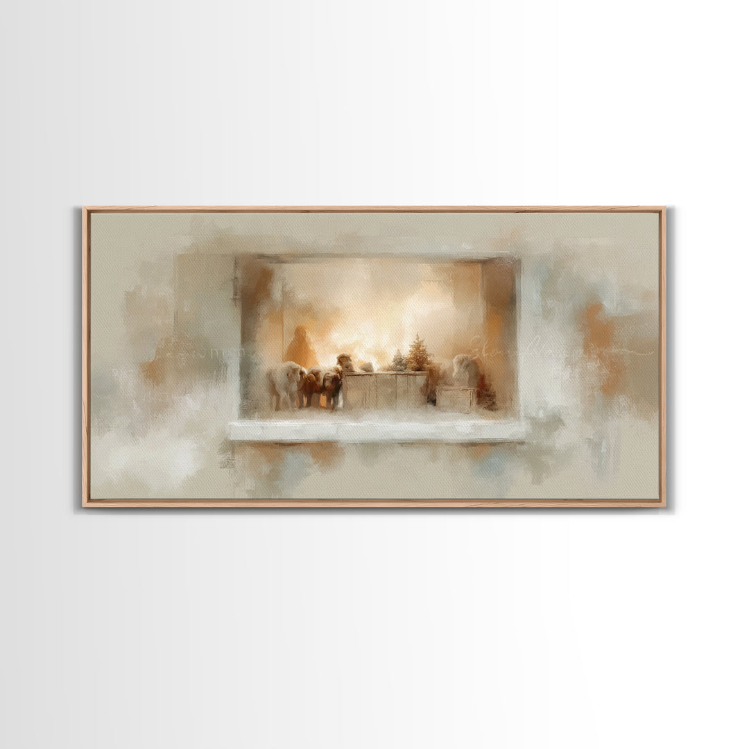 Nativity Window Glow – Framed Canvas Print – Christmas Art – Christian Christmas Decor – Christian Wall Art – Jesus Christmas Art – Christm