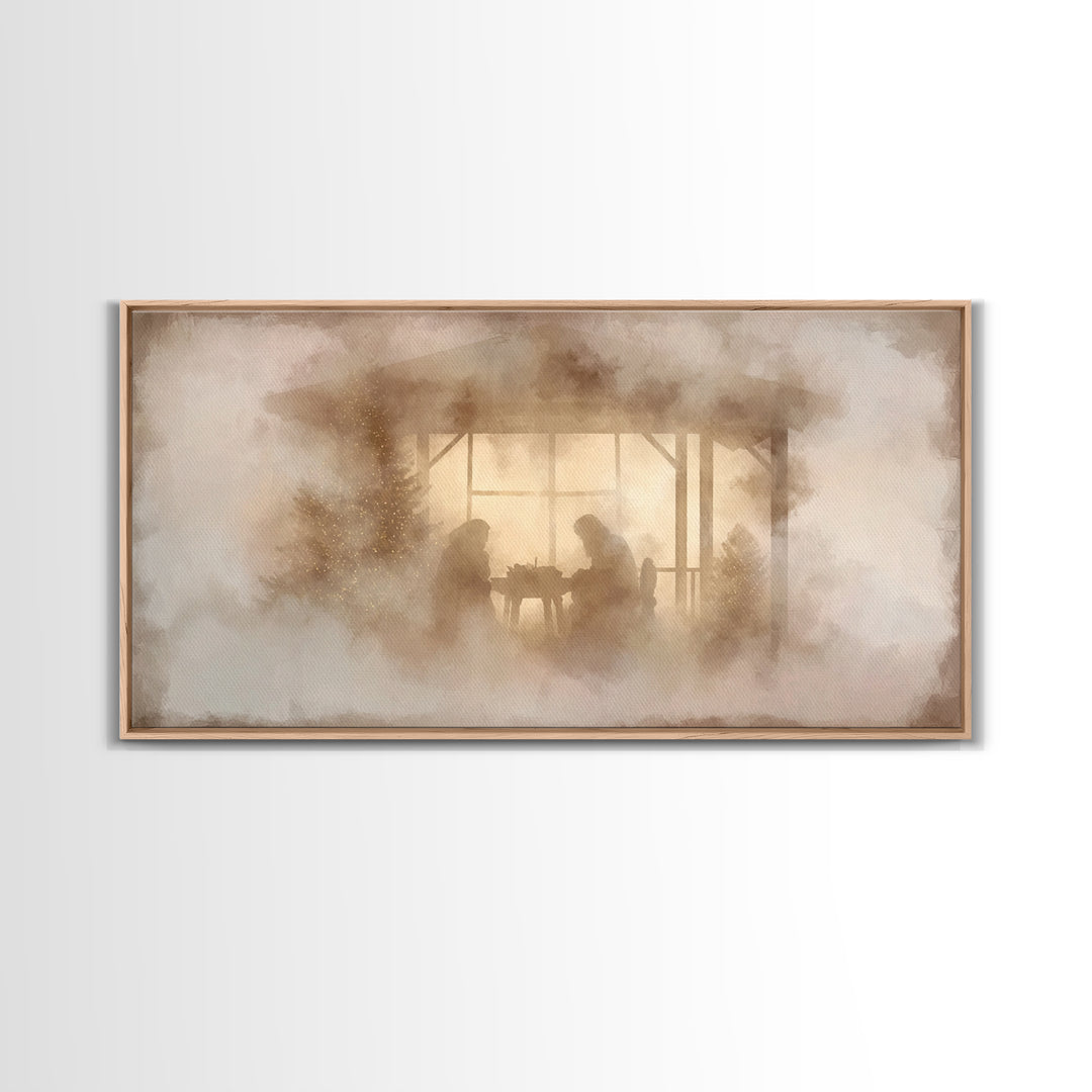 Holy Night Cottage, Framed Canvas Print, Christian Christmas Art, Christmas Wall Art, Christian Art Canvas, Birth Of Jesus Painting, Christ