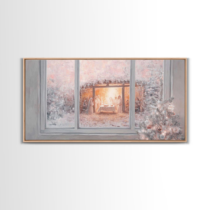 Nativity Through Frosted Glass | Framed Canvas Print | Christian Christmas Art | Christmas Wall Art | Jesus Painting | Christian Art Canvas