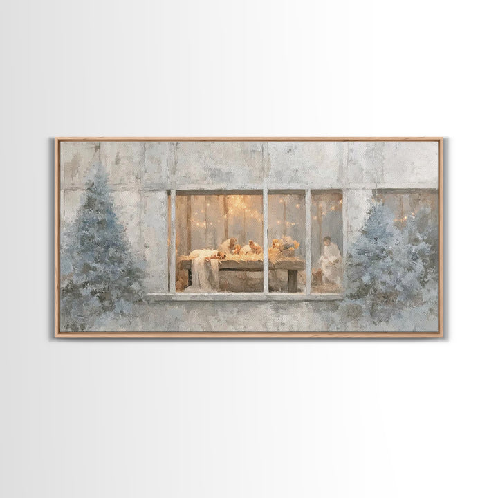 Winter Manger Light – Framed Canvas Print – Christian Christmas Art – Christmas Wall Art – Jesus Painting – Christian Art Canvas – Framed C