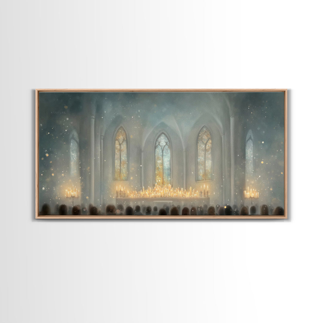 Cathedral Midnight Flame – Framed Canvas Print – Christian Paintings – Christmas Wall Art – Christian Christmas Art – Large Christian Paint
