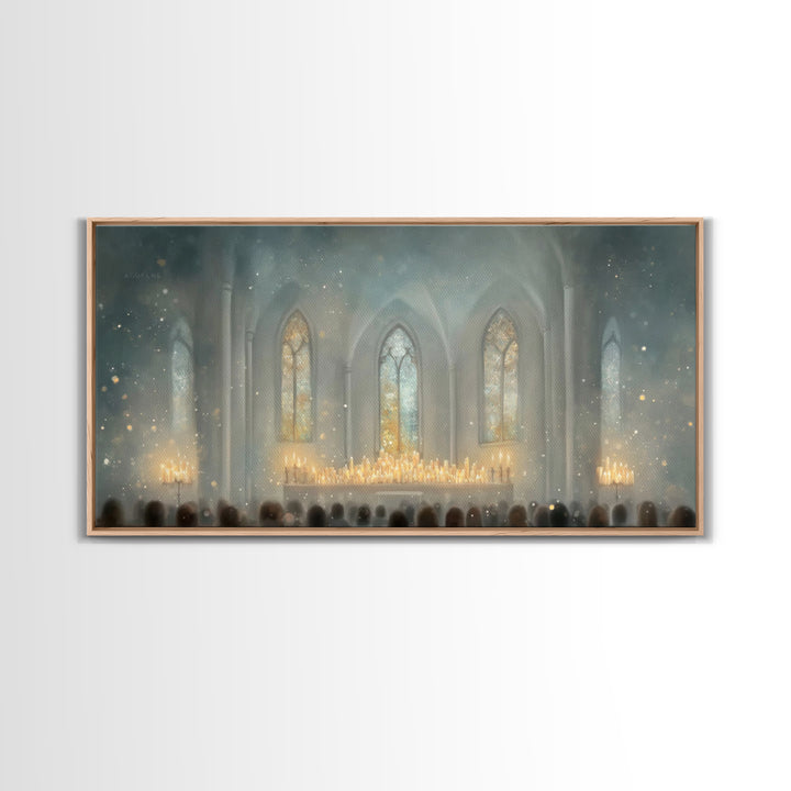 Cathedral Midnight Flame – Framed Canvas Print – Christian Paintings – Christmas Wall Art – Christian Christmas Art – Large Christian Paint