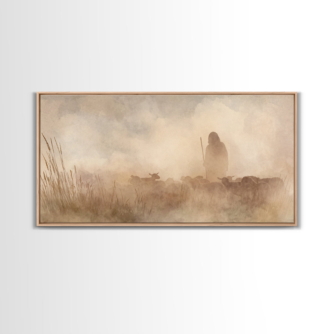Shepherd In Mist – Framed Canvas Print | Christian Art Canvas | Christian Wall Art | Christian Christmas Art | Christian Art | Jesus Painti