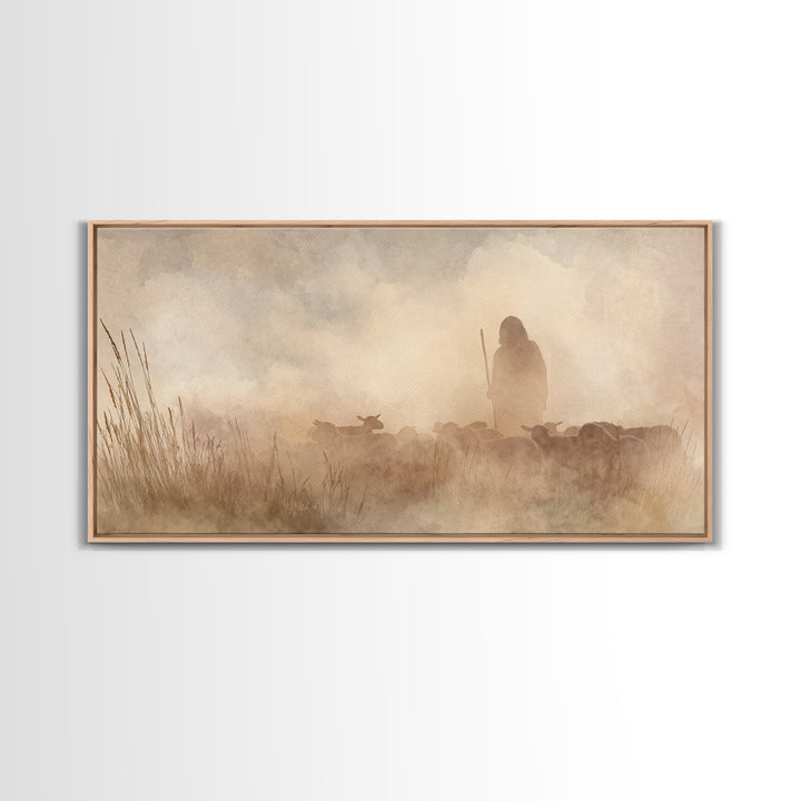 Shepherd In Mist – Framed Canvas Print | Christian Art Canvas | Christian Wall Art | Christian Christmas Art | Christian Art | Jesus Painti