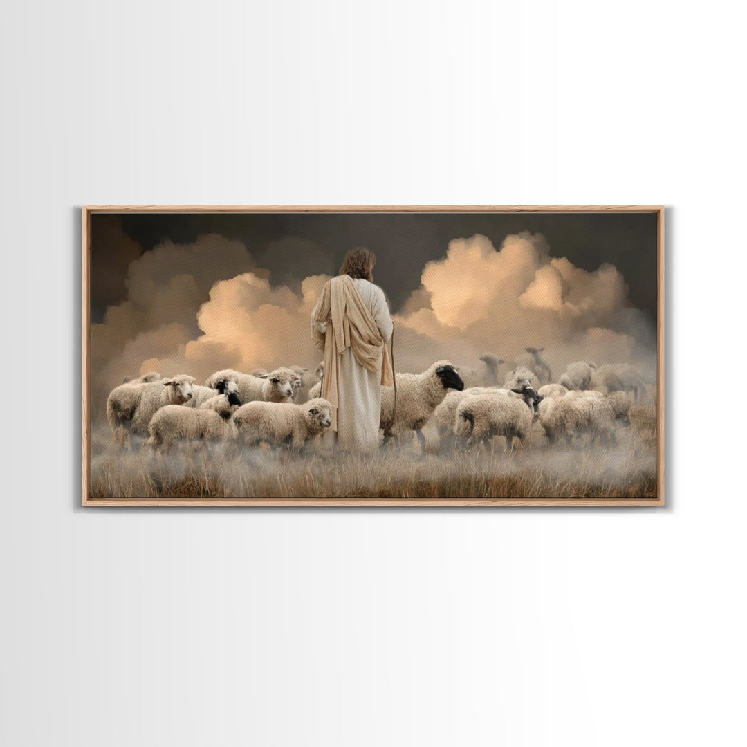 Evening Flock Peace – Framed Canvas Print | Christian Art | Jesus Painting | Christian Art Canvas | Christian Wall Art | Christmas Art
