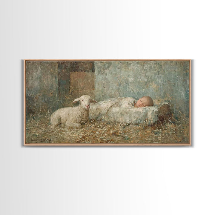 Gentle Manger – Framed Canvas Print – Christian Paintings – Christmas Wall Art – Christian Christmas Art – Christian Art Canvas – Jesus Art