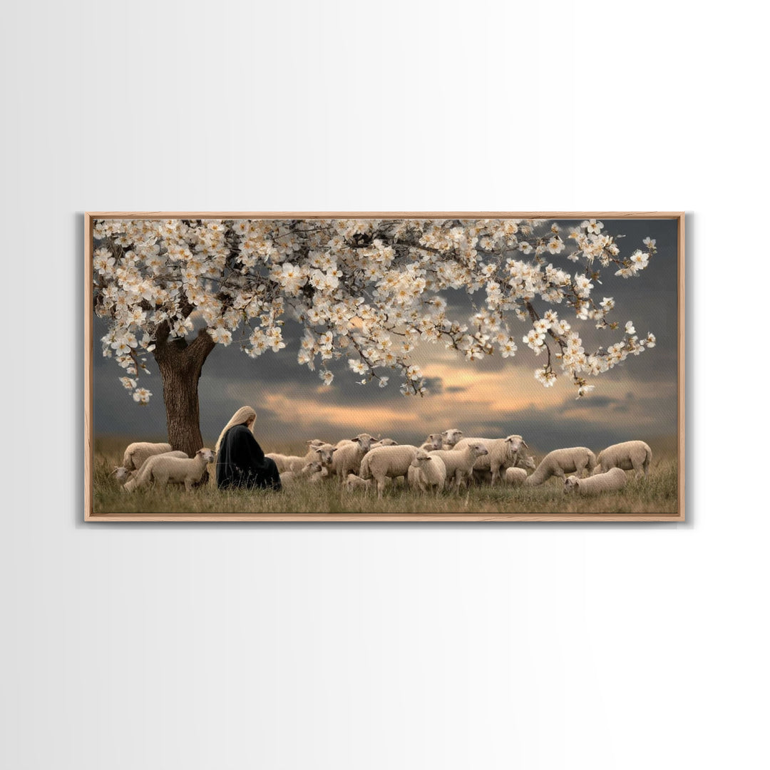 Gentle Twilight Shepherd, Framed Canvas Print, Christian Wall Art, Jesus Painting, Christmas Art, Christian Art Canvas