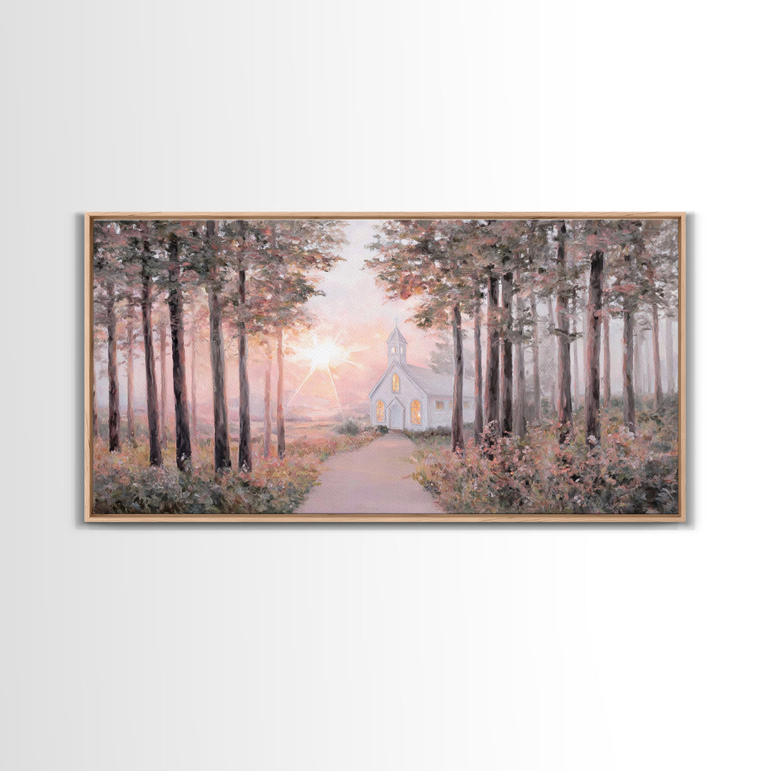 Sunlit Chapel Path, Framed Canvas Print, Christian Art Canvas, Christian Wall Art, Christian Art, Christian Painting, Christian Gift Ideas