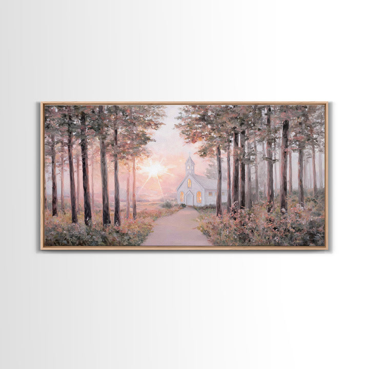 Sunlit Chapel Path, Framed Canvas Print, Christian Art Canvas, Christian Wall Art, Christian Art, Christian Painting, Christian Gift Ideas