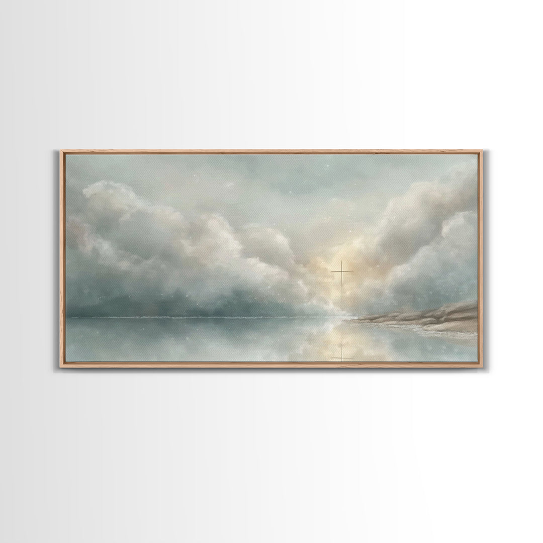Cross In The Mist – Framed Canvas Print – Christian Wall Art – Jesus Painting – Moody Christmas Art – Christian Gift Ideas – Christian Art