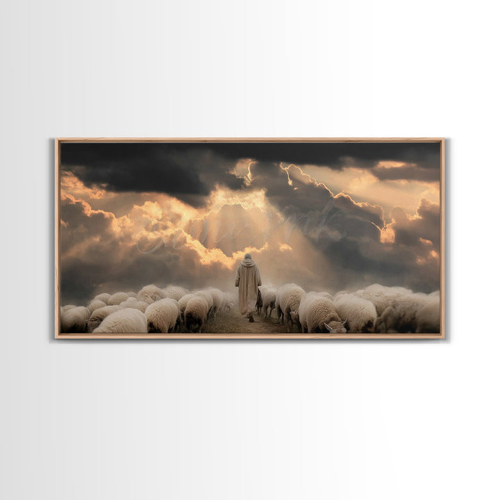 Heavenly Shepherd Light – Framed Canvas Print – Christian Wall Art – Christian Christmas Art – Jesus Painting – Christmas Canvas Wall Art –