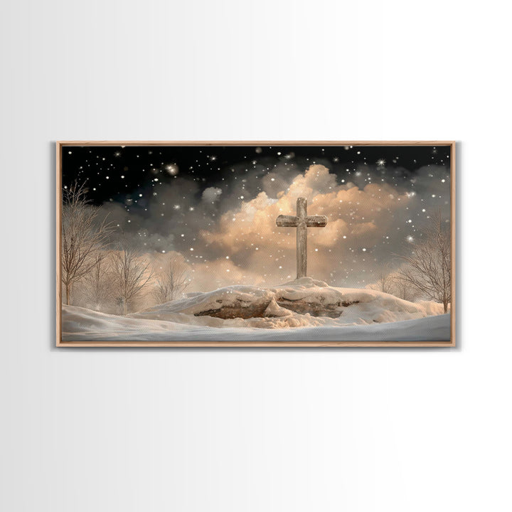 Midnight Bethlehem Glow – Framed Canvas Print – Christian Christmas Art – Christian Wall Art – Christian Art Canvas – Christmas Wall Art –