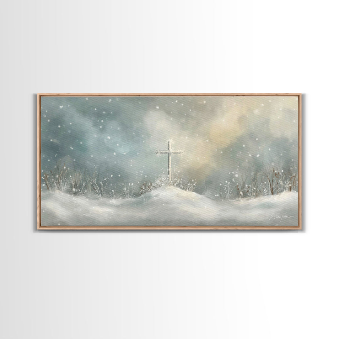 Frosted Cross Light – Framed Canvas Print – Christian Art Canvas – Minimalist Christian Art – Christian Wall Art – Subtle Christian Art – C