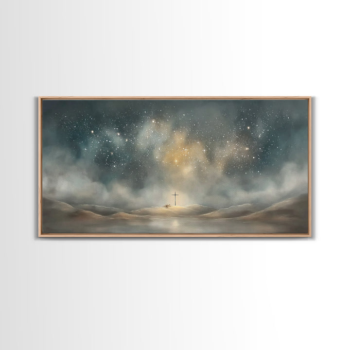 Starlit Crossland – Framed Canvas Print – Christian Art Canvas – Christian Wall Art – Modern Christian Art – Christmas Art – Christian Gift