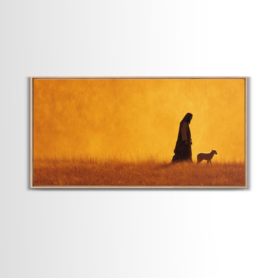 Golden Shepherd Light – Framed Canvas Print – Jesus Painting – Christian Wall Art – Christian Art Canvas – Modern Christian Art – Christian