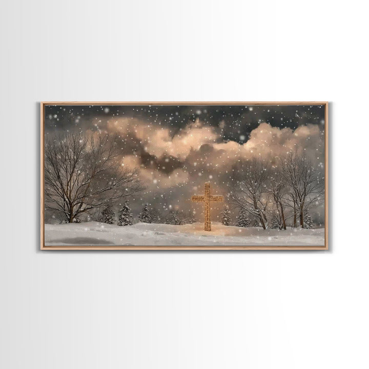 Snowbound Grace – Framed Canvas Print – Christmas Wall Art – Christian Art Canvas – Moody Christmas Art – Christian Painting