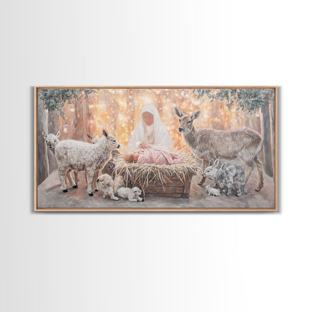 Forest Nativity Glow – Framed Canvas Print – Christian Wall Art – Christian Art Canvas – Christmas Art – Jesus Painting – Christian Art