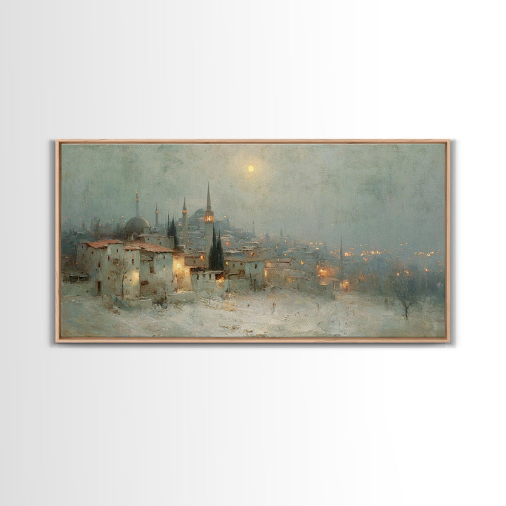 Winter Holy Town | Framed Canvas Print | Christmas Wall Art | Christian Art Canvas | Moody Christmas Art | Christian Art Print | Vintage Ch