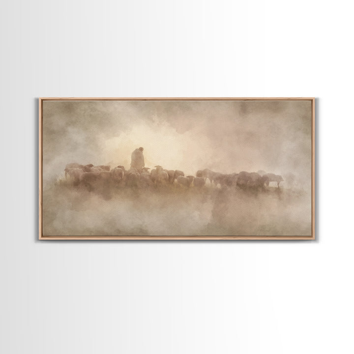 Shepherds Of Dawn - Framed Canvas Print - Christian Wall Art - Christian Art Canvas - Jesus Painting - Pastoral Scenery - Christian Gift