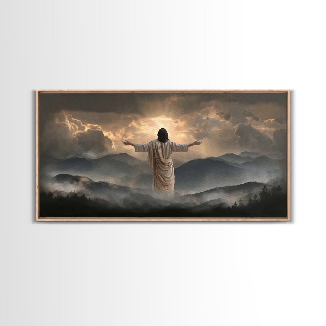 Mountain Glory Light - Framed Canvas Print - Christian Art Canvas - Christian Wall Art - Jesus Painting - Christian Gift - Christmas Art