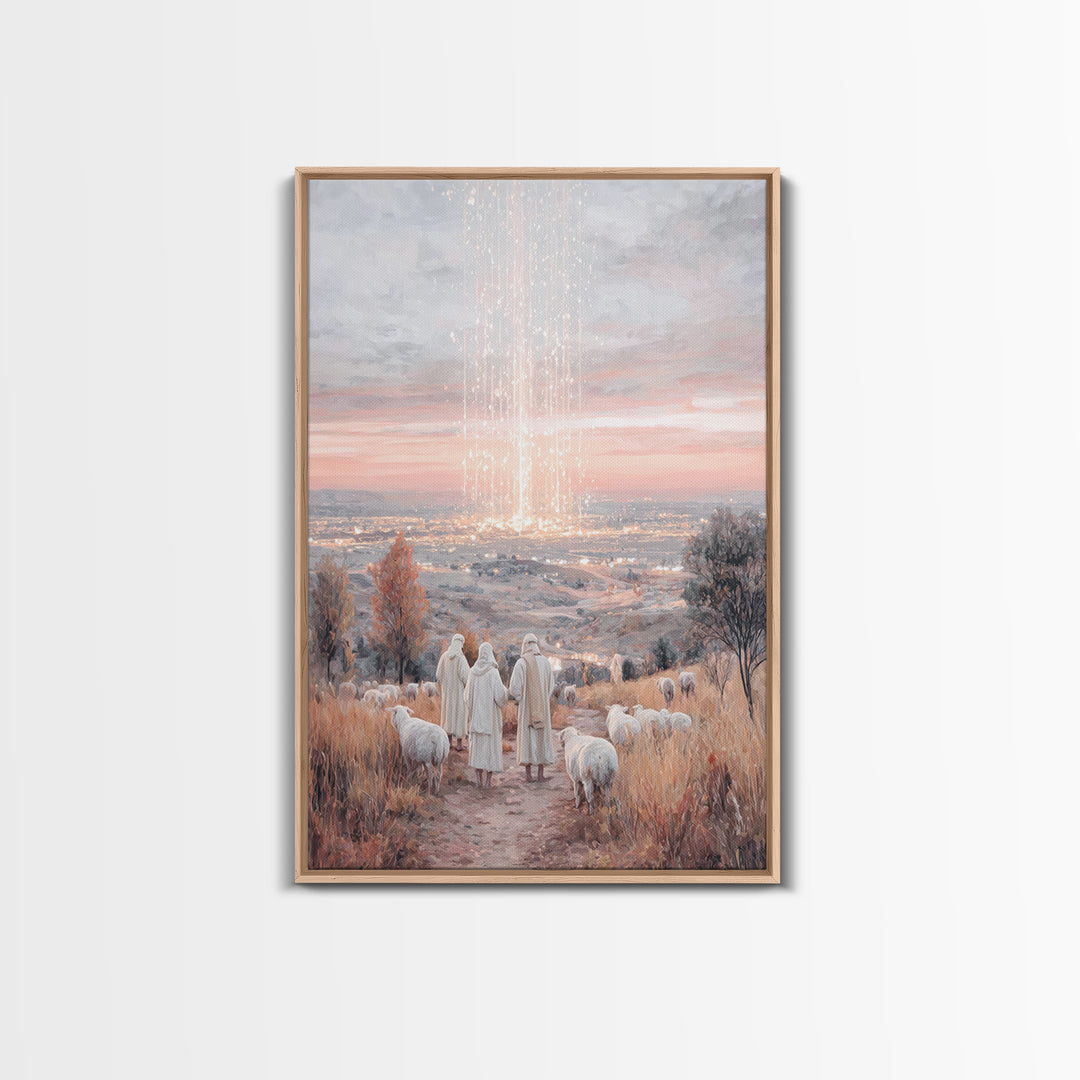 Starry Shepherds – Framed Canvas Print – Christian Christmas Art – Christian Wall Art – Vintage Christmas Art – Christmas Canvas Wall Art –