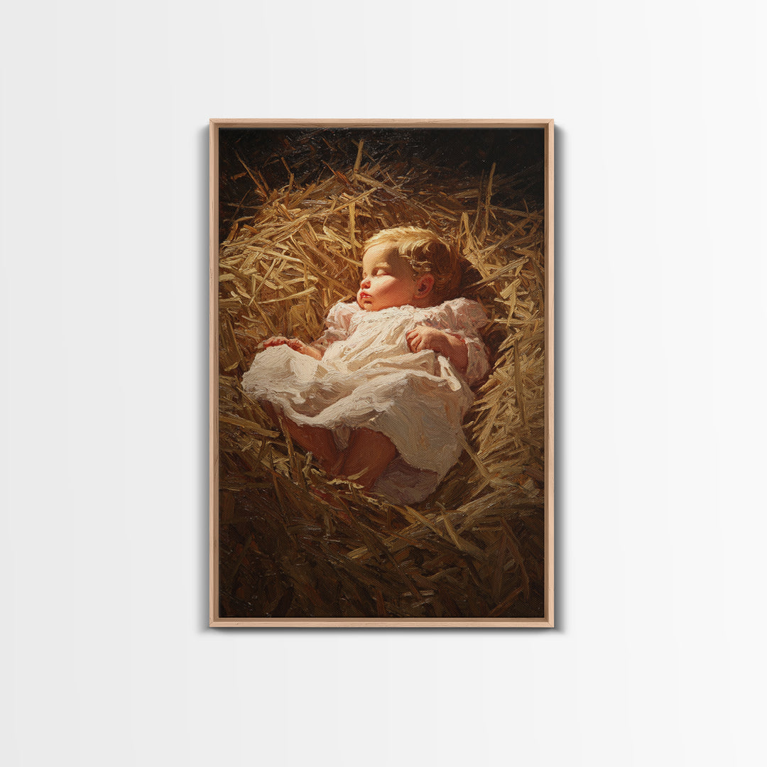 Silent Straw Light, Framed Canvas Print, Christian Art Canvas, Christmas Wall Art, Jesus Painting Canvas, Christian Christmas Art, Christia