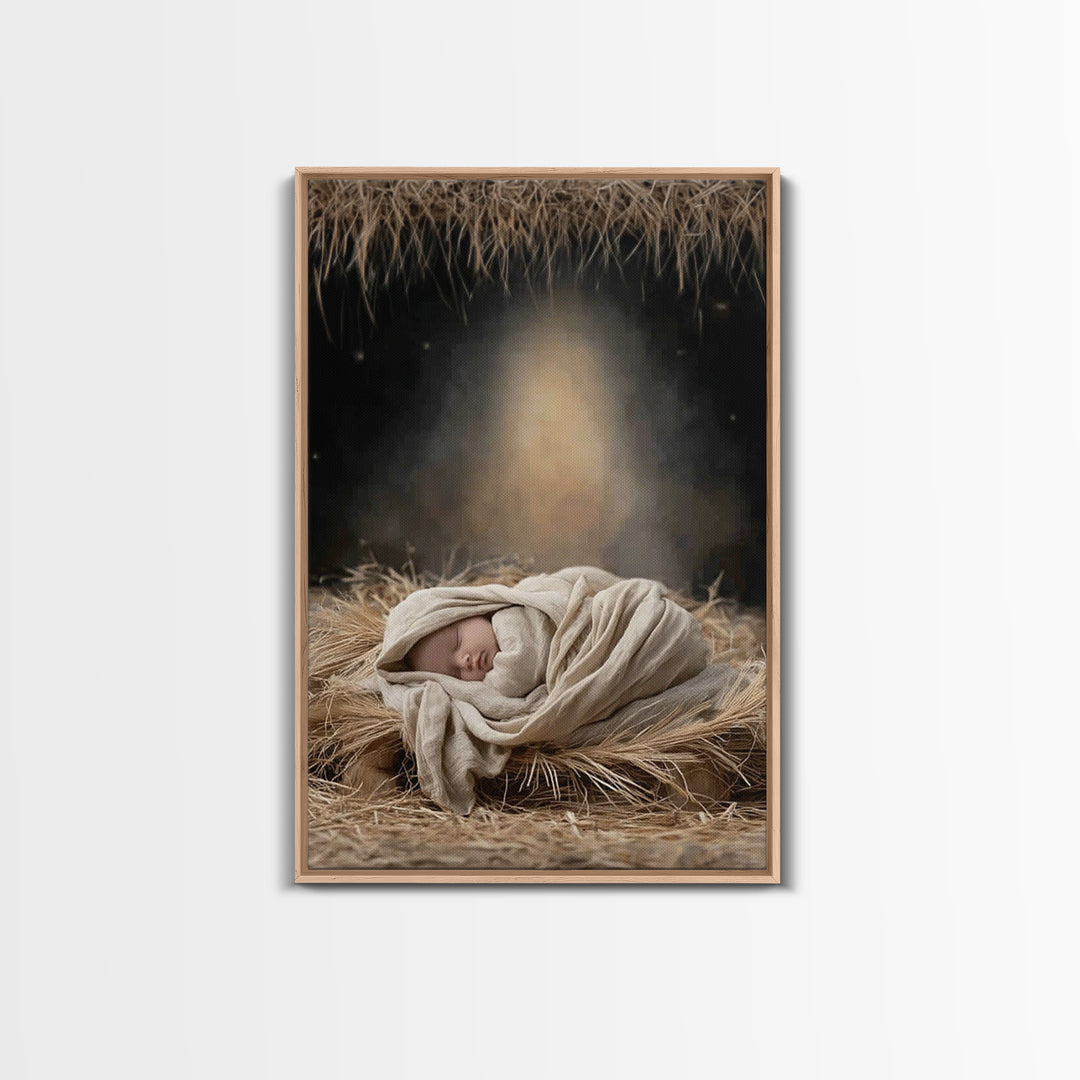 Heavenly Infant Glow – Framed Canvas Print – Christmas Art Prints – Christian Wall Art – Jesus Christmas Art – Christian Art Canvas – Chris