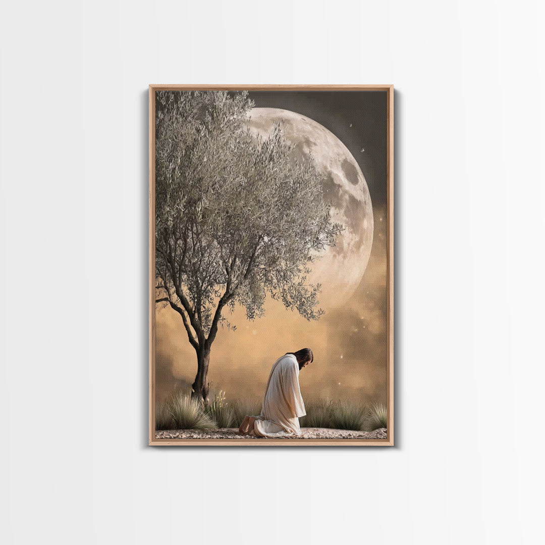 Moonlit Supplication, Framed Canvas Print, Jesus Canvas Art, Christian Wall Art, Modern Christian Art, Christian Art Canvas, Christian Gift