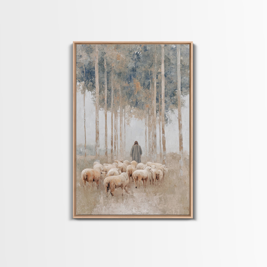 Woodland Shepherd Light – Framed Canvas Print – Christian Art Canvas – Christian Wall Art – Modern Christian Painting – Pastoral Scenery –