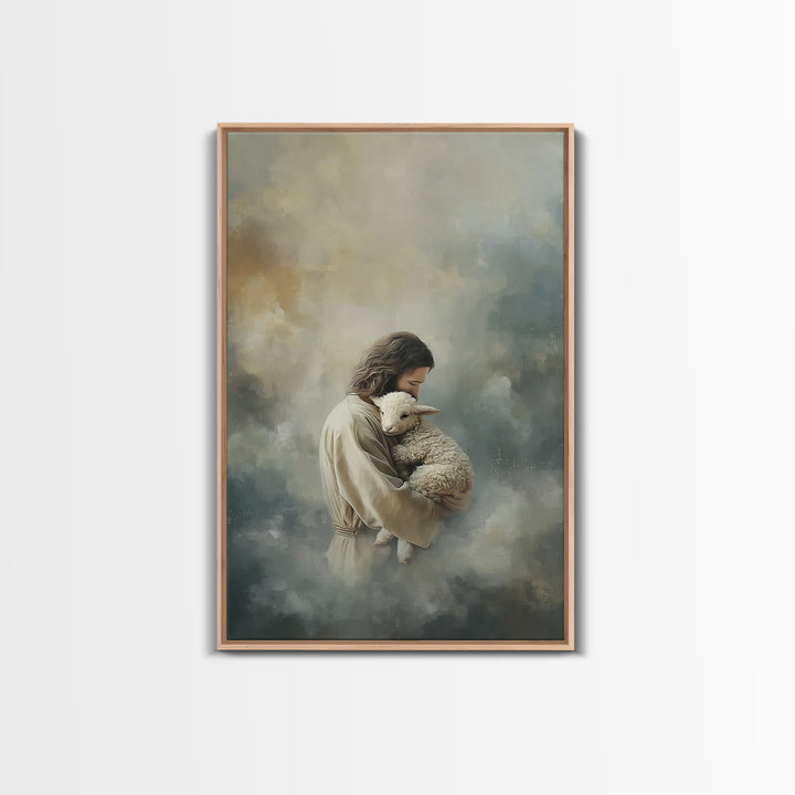 Arms Of The Shepherd – Framed Canvas Print – Jesus Painting – Christian Art Canvas – Christian Wall Art – Christian Christmas Art – Subtle