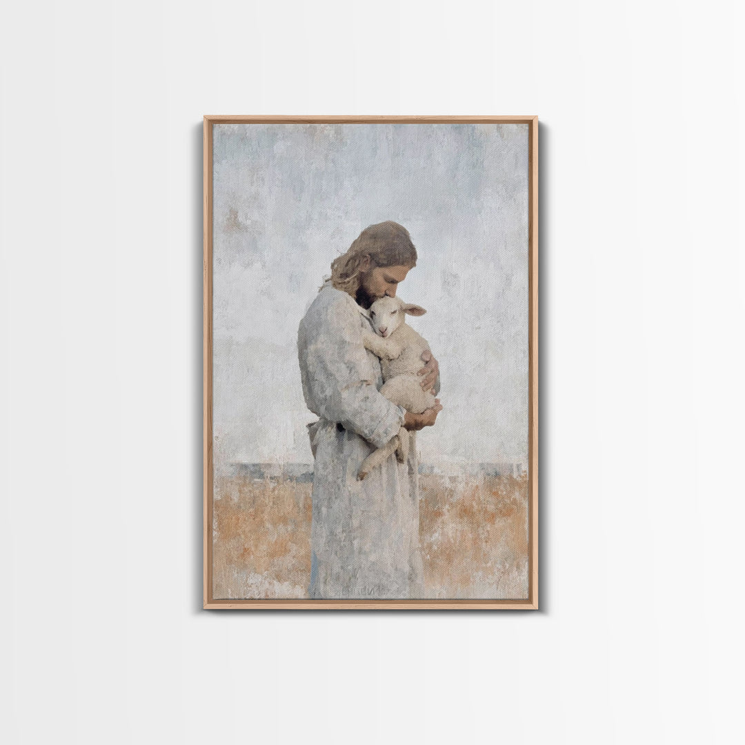 Heavenly Lamb Embrace – Framed Canvas Print – Christian Art Canvas – Jesus Painting – Christian Wall Art – Large Christian Art – Christian